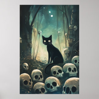 Halloween Cat and Skulls Poster