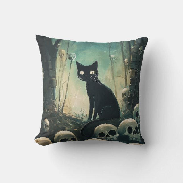 Halloween Cat and Skulls Throw Pillow (Front)