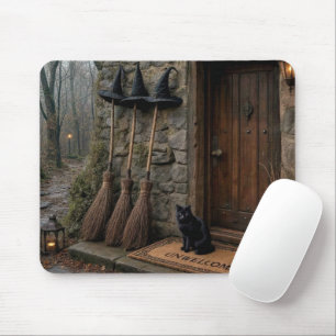 Halloween Cat and Witch Brooms Mouse Pad