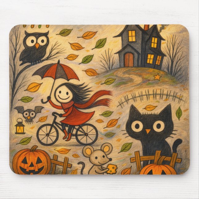 Halloween Cat & Bicycle Girl Mousepad (Front)