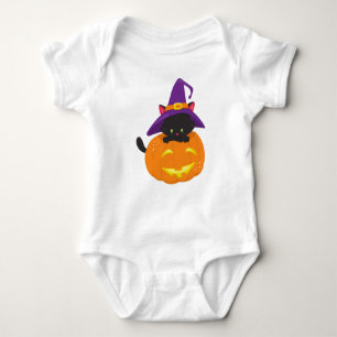 Halloween Cat, Black Cat, Witch Hat, Pumpkin Baby Bodysuit