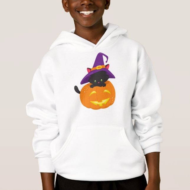 Halloween Cat, Black Cat, Witch Hat, Pumpkin Hoodie (Front)