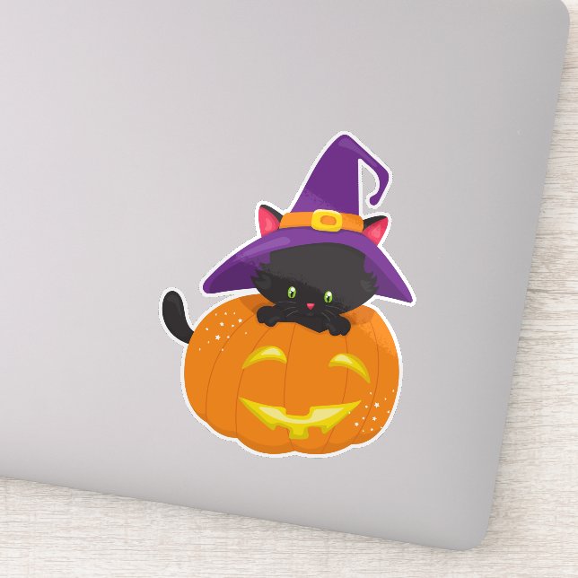 Halloween Cat, Black Cat, Witch Hat, Pumpkin Sticker (Detail)
