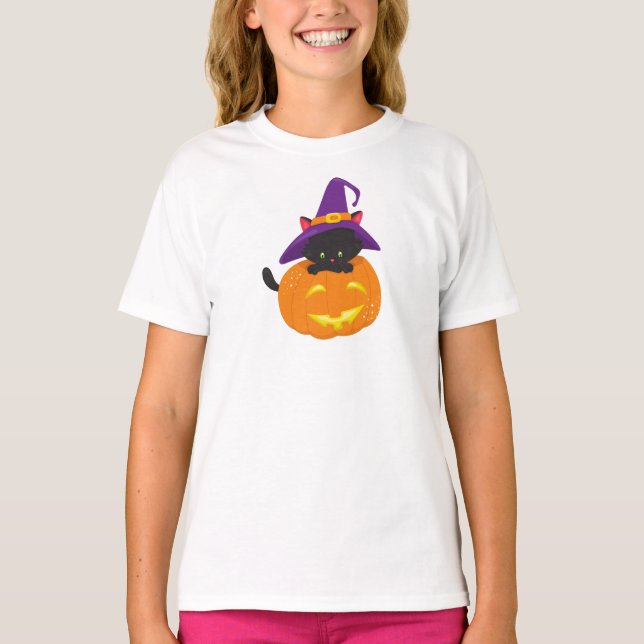 Halloween Cat, Black Cat, Witch Hat, Pumpkin T-Shirt (Front)