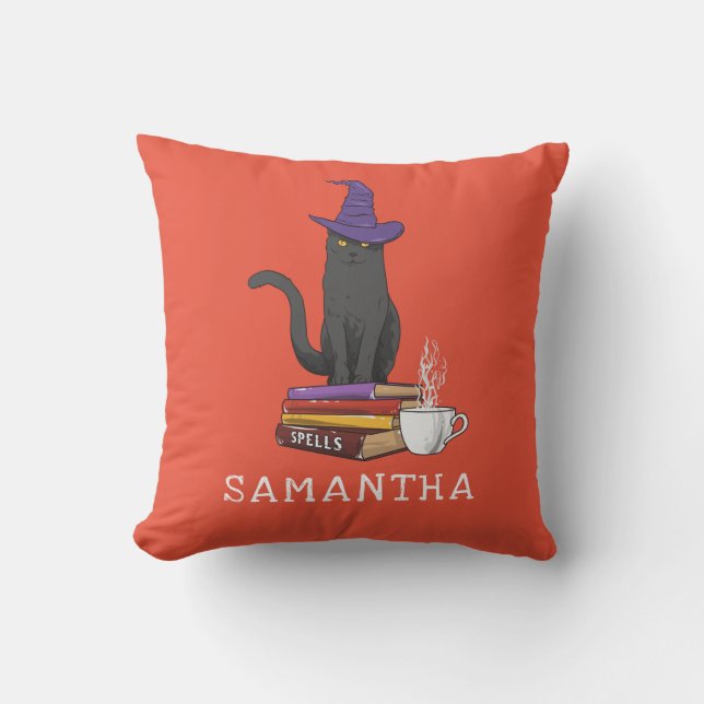 Halloween Cat Books Potion and Spells Personalized Throw Pillow (Front)