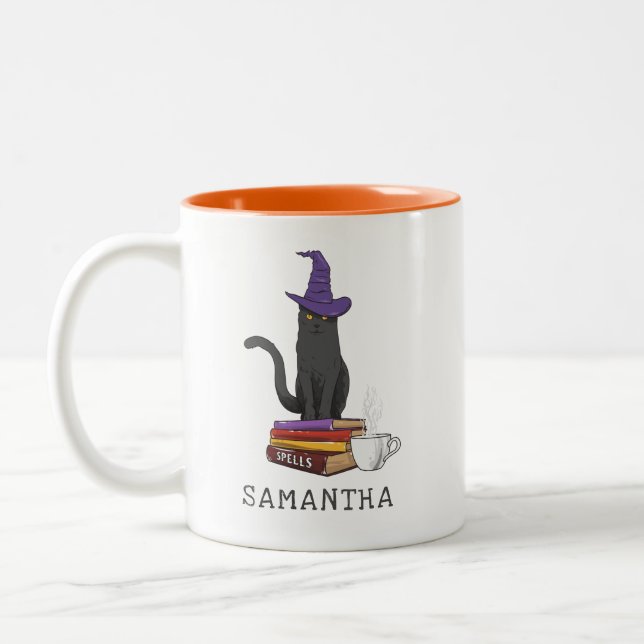 Halloween Cat Books Potion and Spells Personalized Two-Tone Coffee Mug (Left)