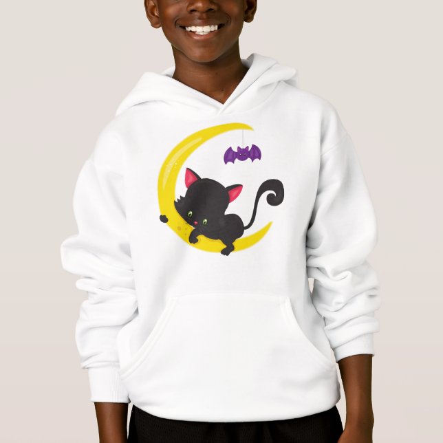 Halloween Cat, Cute Cat, Black Cat, Moon, Bat Hoodie (Front)