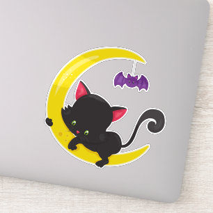 Halloween Cat, Cute Cat, Black Cat, Moon, Bat Sticker