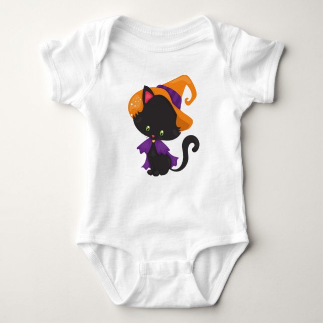 Halloween Cat, Cute Cat, Black Cat, Witch Hat Baby Bodysuit (Front)