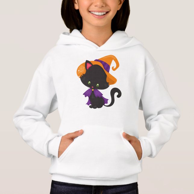 Halloween Cat, Cute Cat, Black Cat, Witch Hat Hoodie (Front)