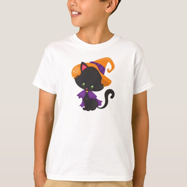 Halloween Cat, Cute Cat, Black Cat, Witch Hat T-Shirt (Front)
