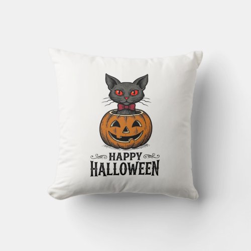 Halloween Cat Cute Pumpkin Vintage Spooky_1 Throw Pillow