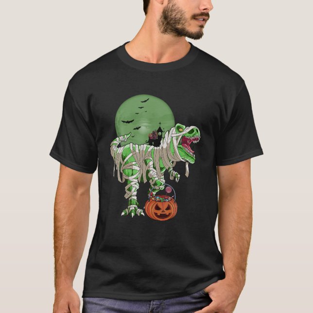 Halloween Cat Dinosaur T Rex Mummy Pumpkin For Boy T-Shirt (Front)