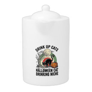 Halloween Cat Drinking Vintage Moon Party Shirt_1 Teapot