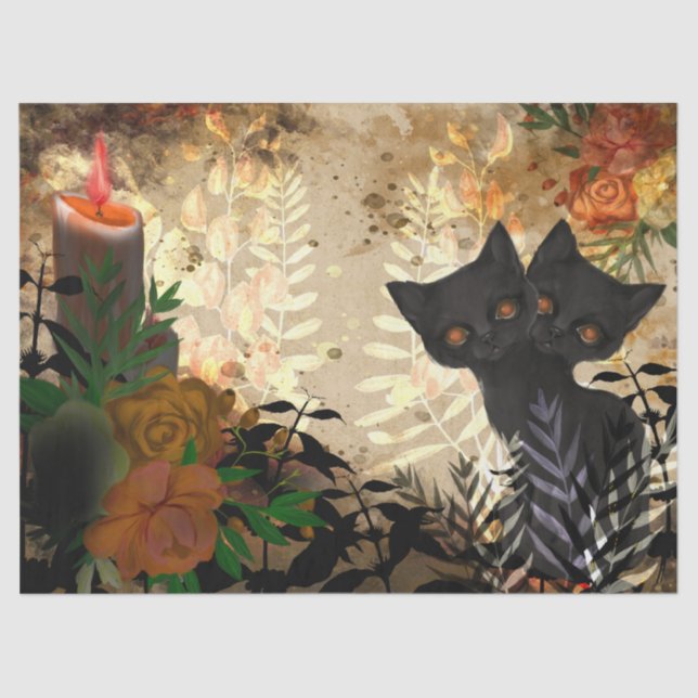 Halloween Cat Floral Decoupage Tissue Paper (Front)