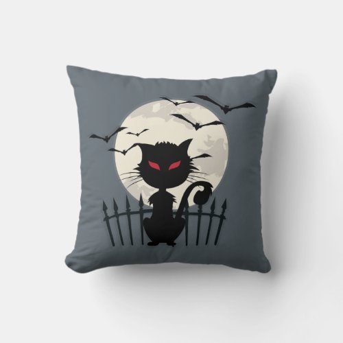 Halloween Cat  Flying Black Bats Throw Pillow