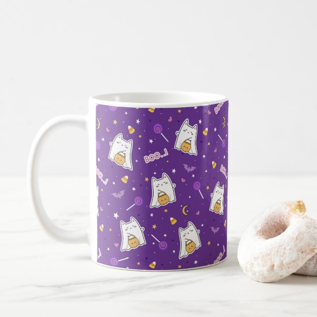 Halloween Cat Ghost Coffee Mug (With Donut)