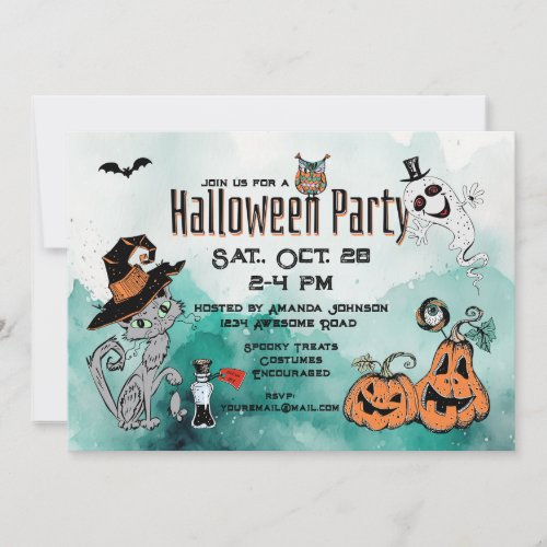 Halloween Cat  Ghost Doodle Invitation