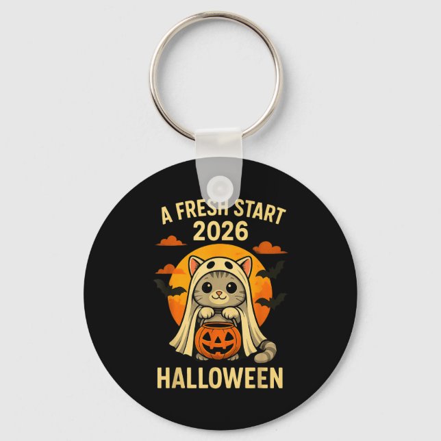 Halloween Cat Ghost Graphic - Fresh Start 2026  Keychain (Front)