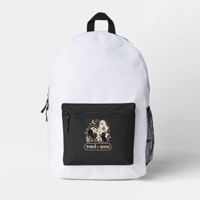 Halloween Cat Ghost Magic Printed Backpack (Front)