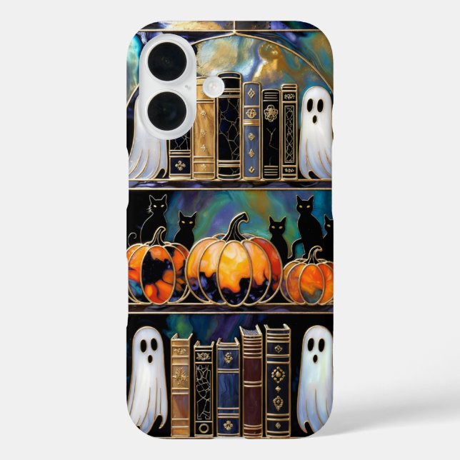 Halloween Cat Ghost Phone Case Bookshelf Pumpkin (Back)