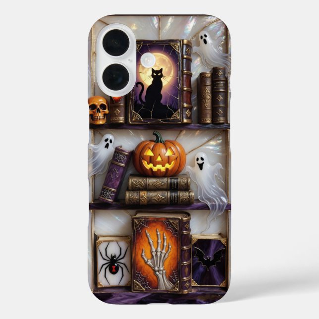 Halloween Cat Ghost Phone Case Pumpkin Bookshelf (Back)