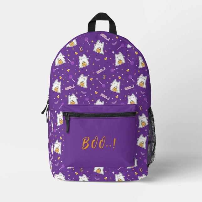Halloween Cat Ghost Printed Backpack (Front)