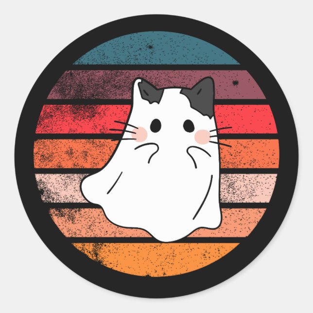 Halloween cat ghost retro classic round sticker (Front)