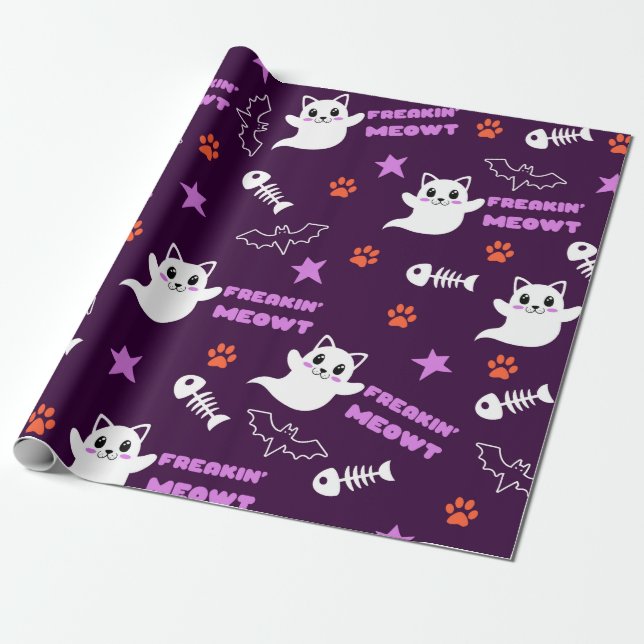 Halloween Cat Ghost Wrapping Paper (Unrolled)