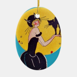 Halloween Cat Girl and Black Cat Ceramic Ornament