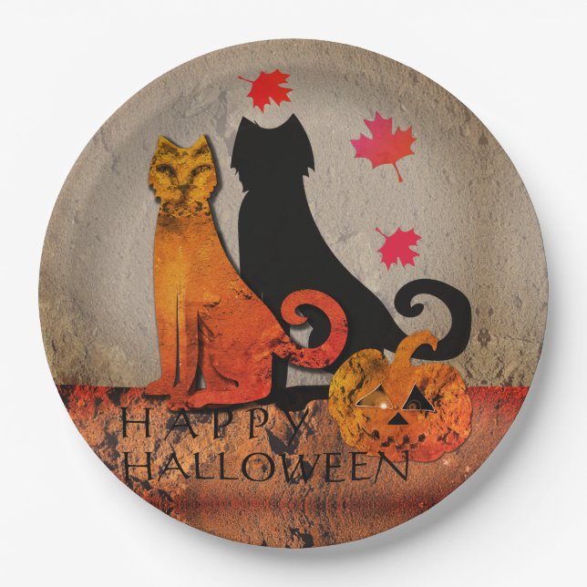Halloween Cat Greeting Paper Plates (Front)