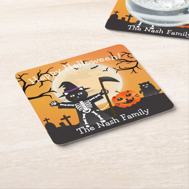 Halloween Cat Grim Reaper Square Paper Coaster (Angled)