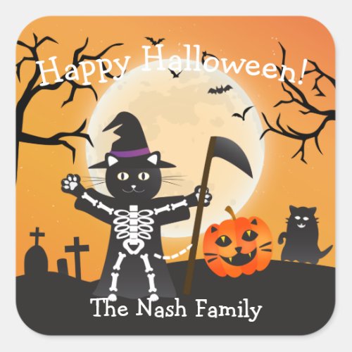 Halloween Cat Grim Reaper Square Sticker