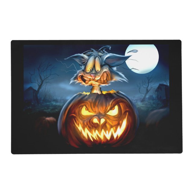 Halloween Cat- Haunted House Double Sided Placemat (Front)