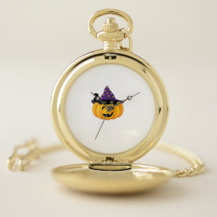 Halloween Cat in Pumpkin – Cute Black Kitten Stick Pocket Watch