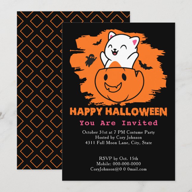 Halloween Cat in Pumpkin, Ghost Bats Black Orange Invitation (Front/Back)