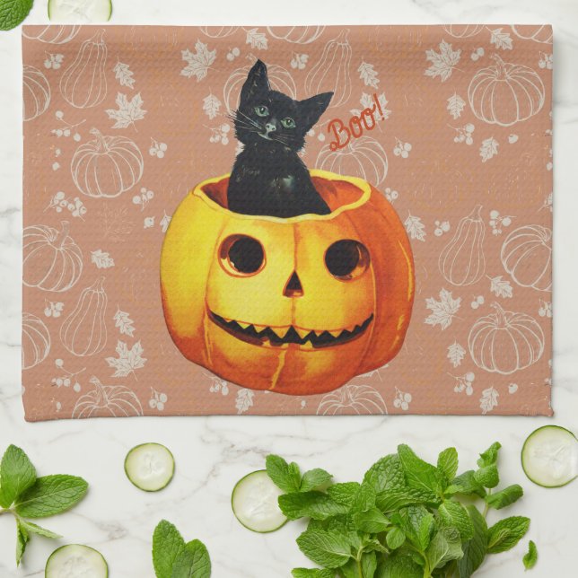 Halloween Cat in Pumpkin Kitchen Towel (Folded)