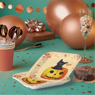 Halloween Cat in Pumpkin Pillow Paper Plates