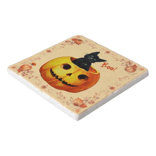 Halloween Cat in Pumpkin Pillow Trivet (Corner)