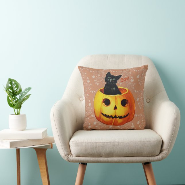 Halloween Cat in Pumpkin Throw Pillow (Chair)