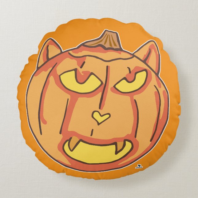 Halloween Cat Jack-o-Lantern Cartoon Fun Design Round Pillow (Front)