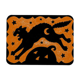 HALLOWEEN CAT JUMPING OVER PUMPKIN, BLACK & ORANGE MAGNET