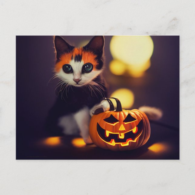 Halloween cat. Kittens with pumpkin. low Postcard (Front)
