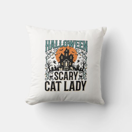 Halloween Cat Lady Scary Haunted House Vintage_1 Throw Pillow