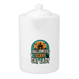 Halloween Cat Lady Scary Vintage Haunted House_1 Teapot