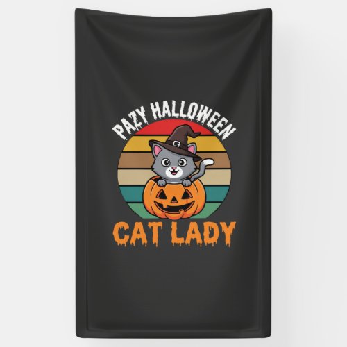 Halloween Cat Lady Witch Pumpkin Retro Design Banner