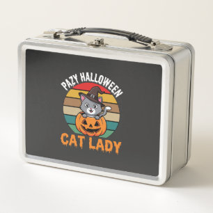 Halloween Cat Lady Witch Pumpkin Retro Design Metal Lunch Box