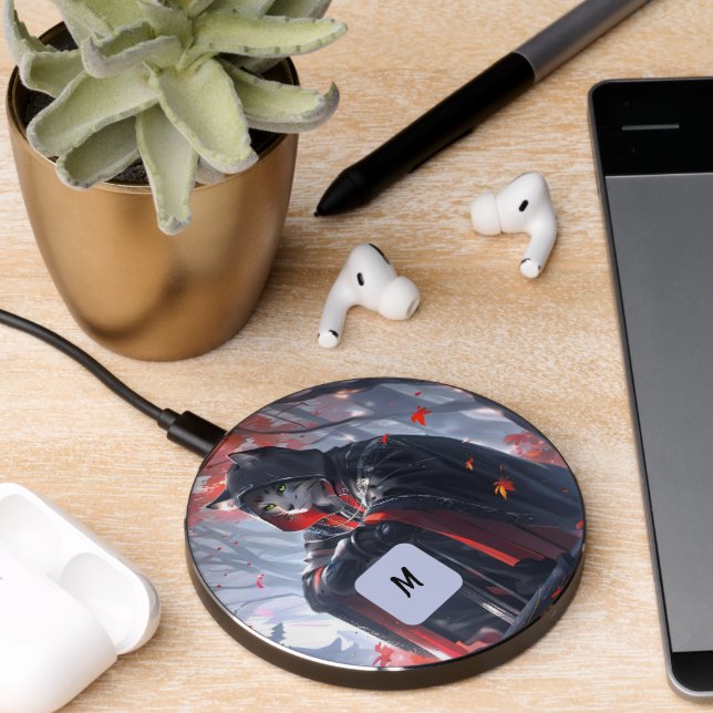 Halloween Cat Mage Spooky Monogram Wireless Charger (Desk 2)