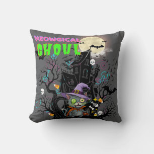 Halloween Cat "Meowgical Ghoul" Witch Kitten Throw Pillow