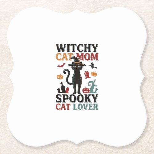 Halloween Cat Mom Vintage Witchy Cat Lover Design_ Paper Coaster